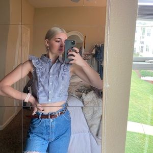 White/blue button up w/ ruffle sleeves, size small